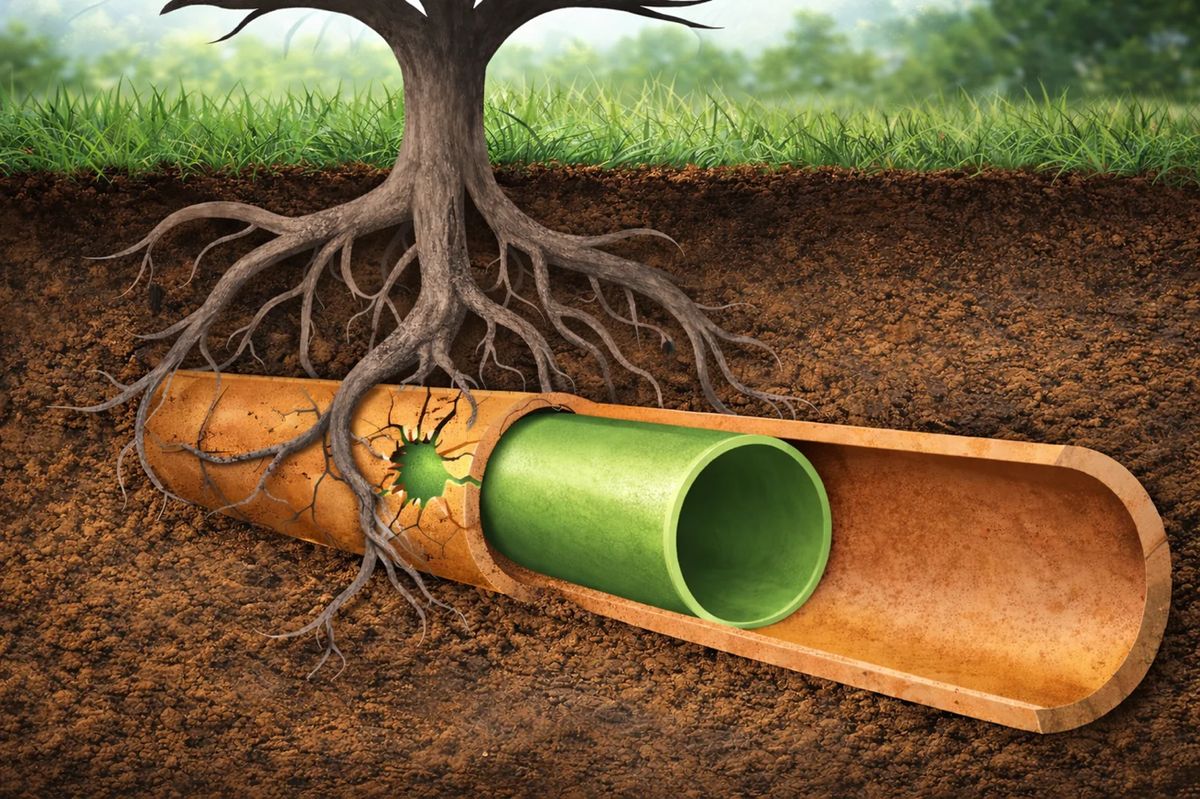 Cross-section diagram showing how drain relining works — a new resin liner (green) is installed inside the old damaged pipe, sealing cracks and blocking tree root intrusion